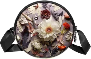 Round Crossbody Purse for Women, Shoulder Bag, Botany Flower Leaf