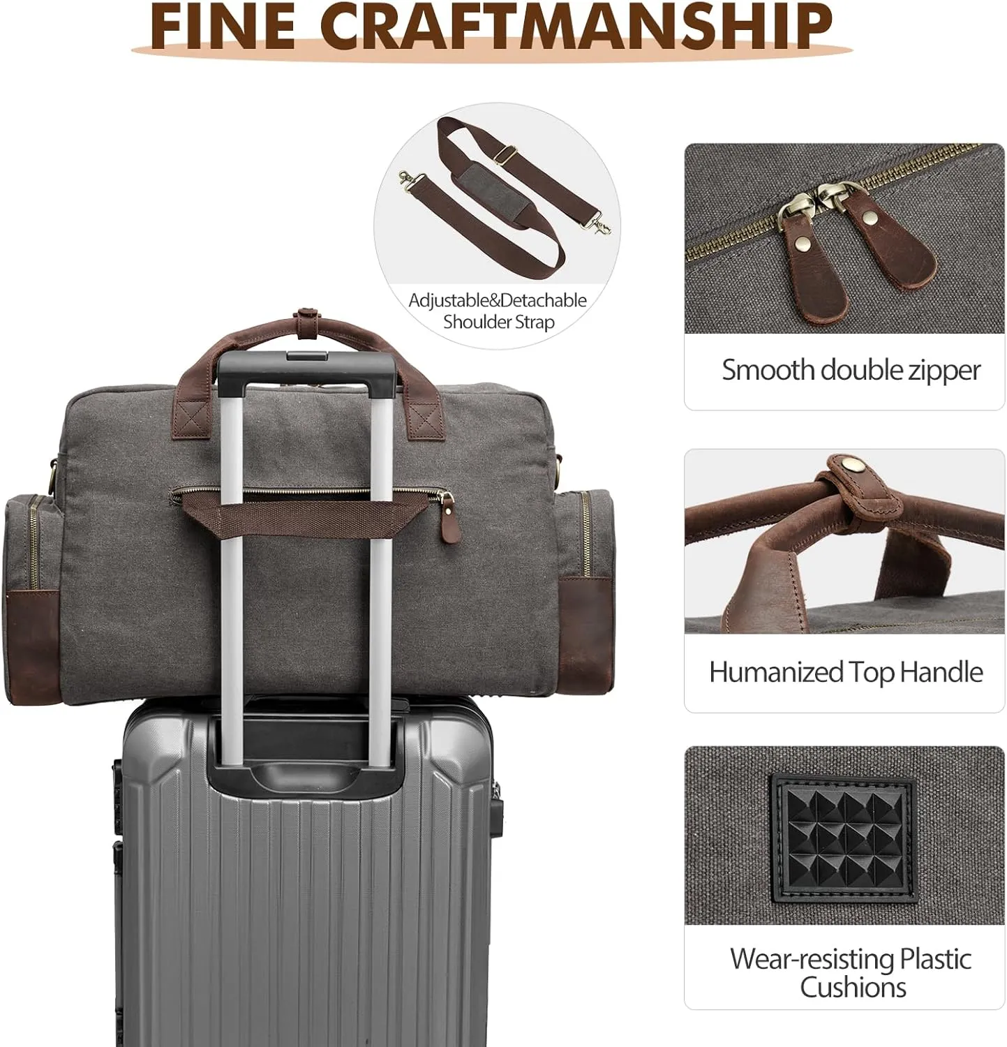 S-ZONE Duffle Bag for Travel Canvas Duffel Bags Carry on Leather Trim Overnight Weekender Men Women Grey