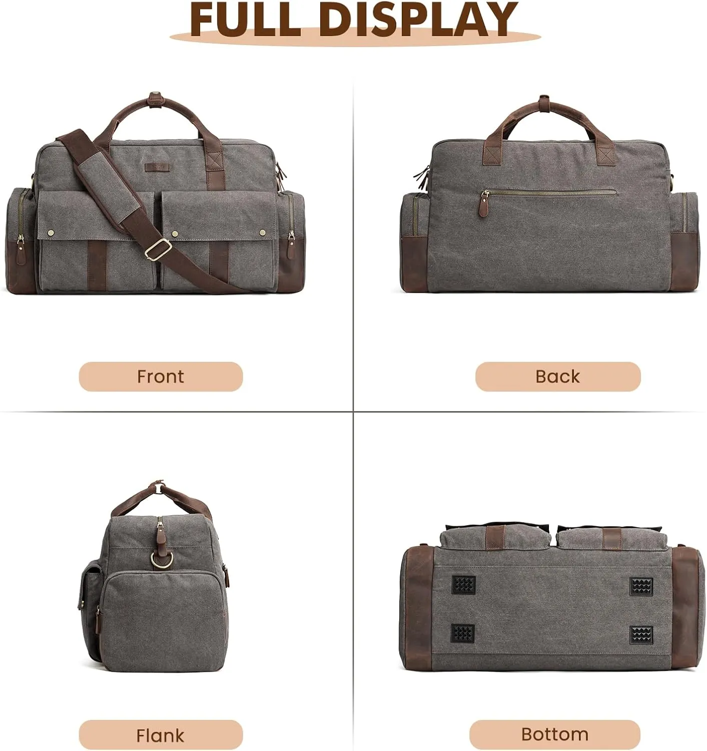 S-ZONE Duffle Bag for Travel Canvas Duffel Bags Carry on Leather Trim Overnight Weekender Men Women Grey