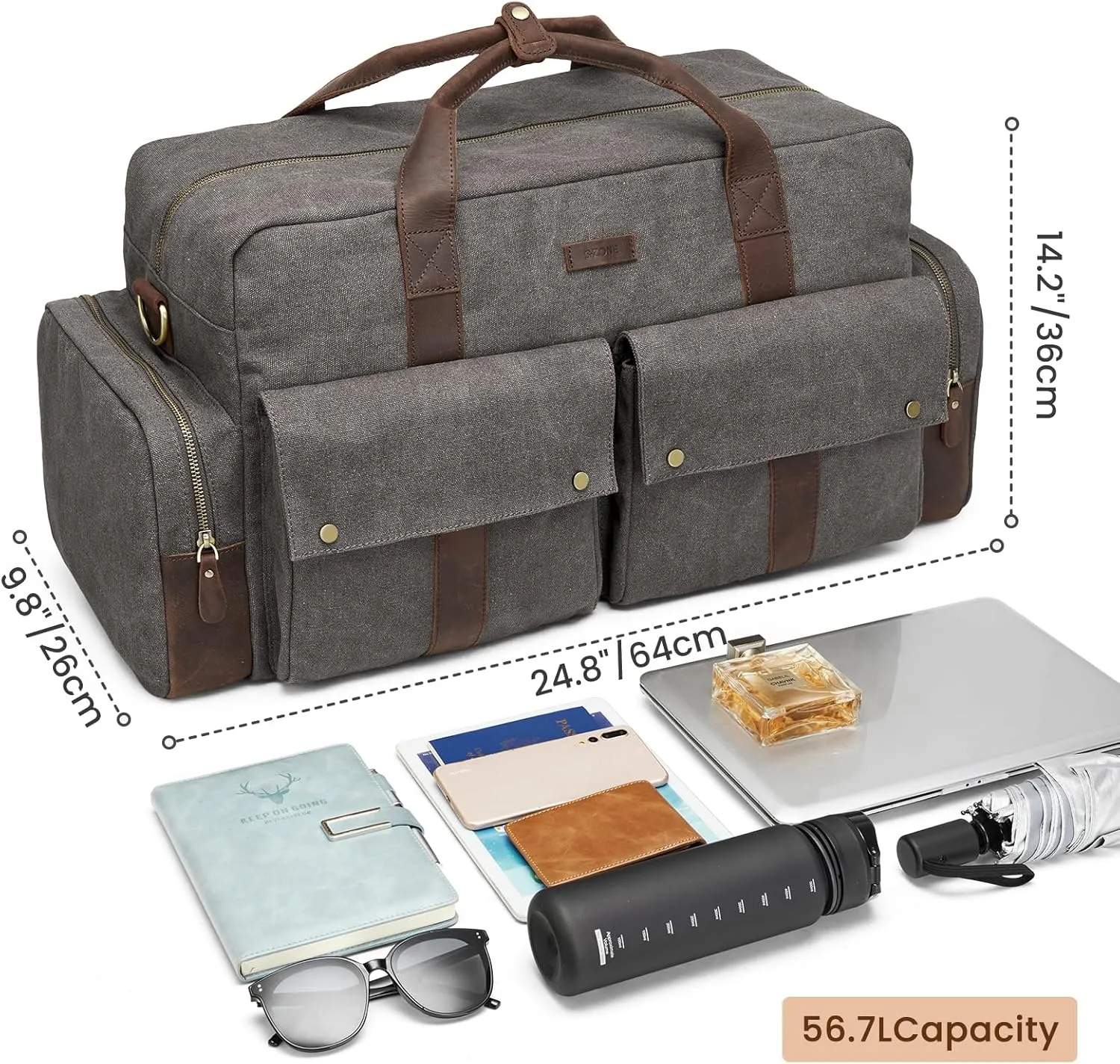 S-ZONE Duffle Bag for Travel Canvas Duffel Bags Carry on Leather Trim Overnight Weekender Men Women Grey