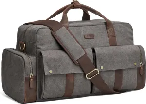 S-ZONE Duffle Bag for Travel Canvas Duffel Bags Carry on Leather Trim Overnight Weekender Men Women Grey