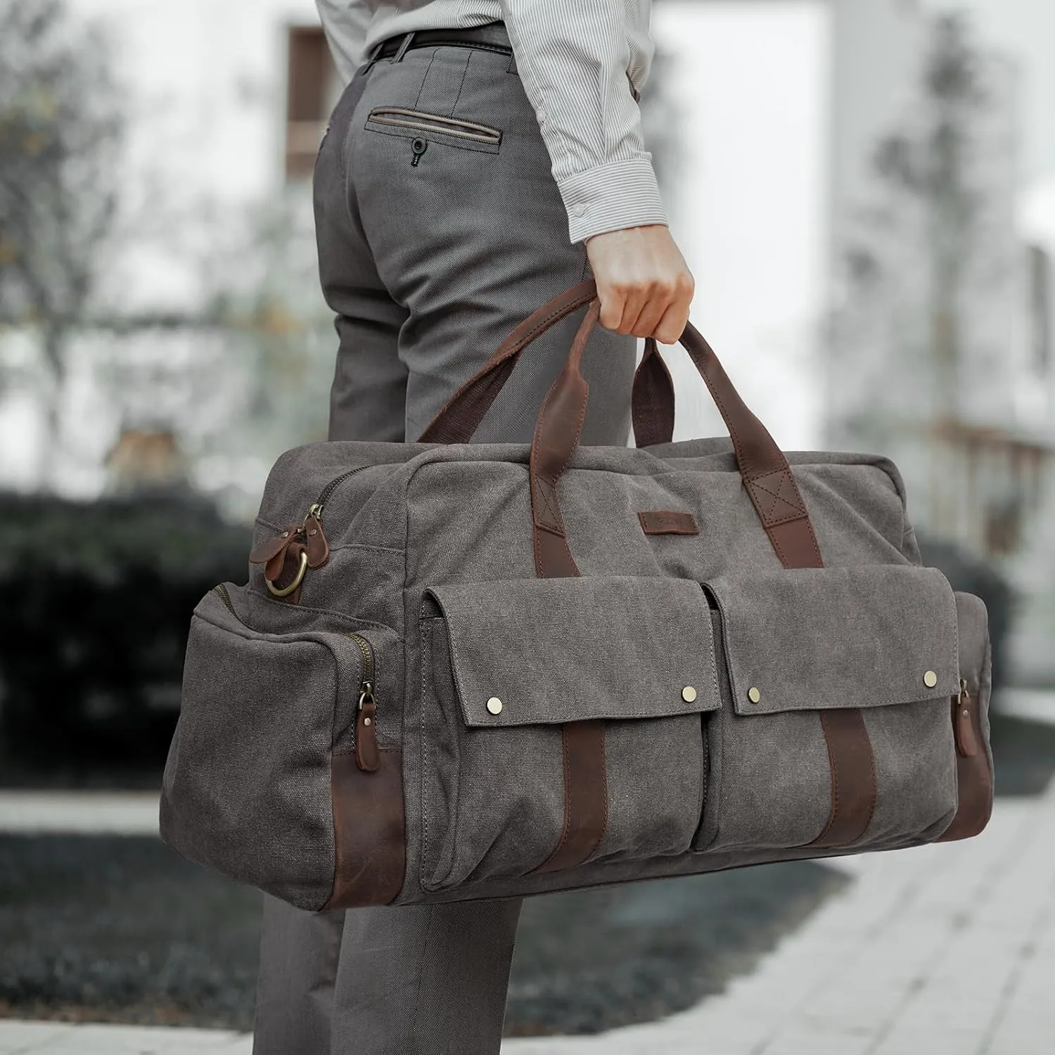 S-ZONE Duffle Bag for Travel Canvas Duffel Bags Carry on Leather Trim Overnight Weekender Men Women Grey