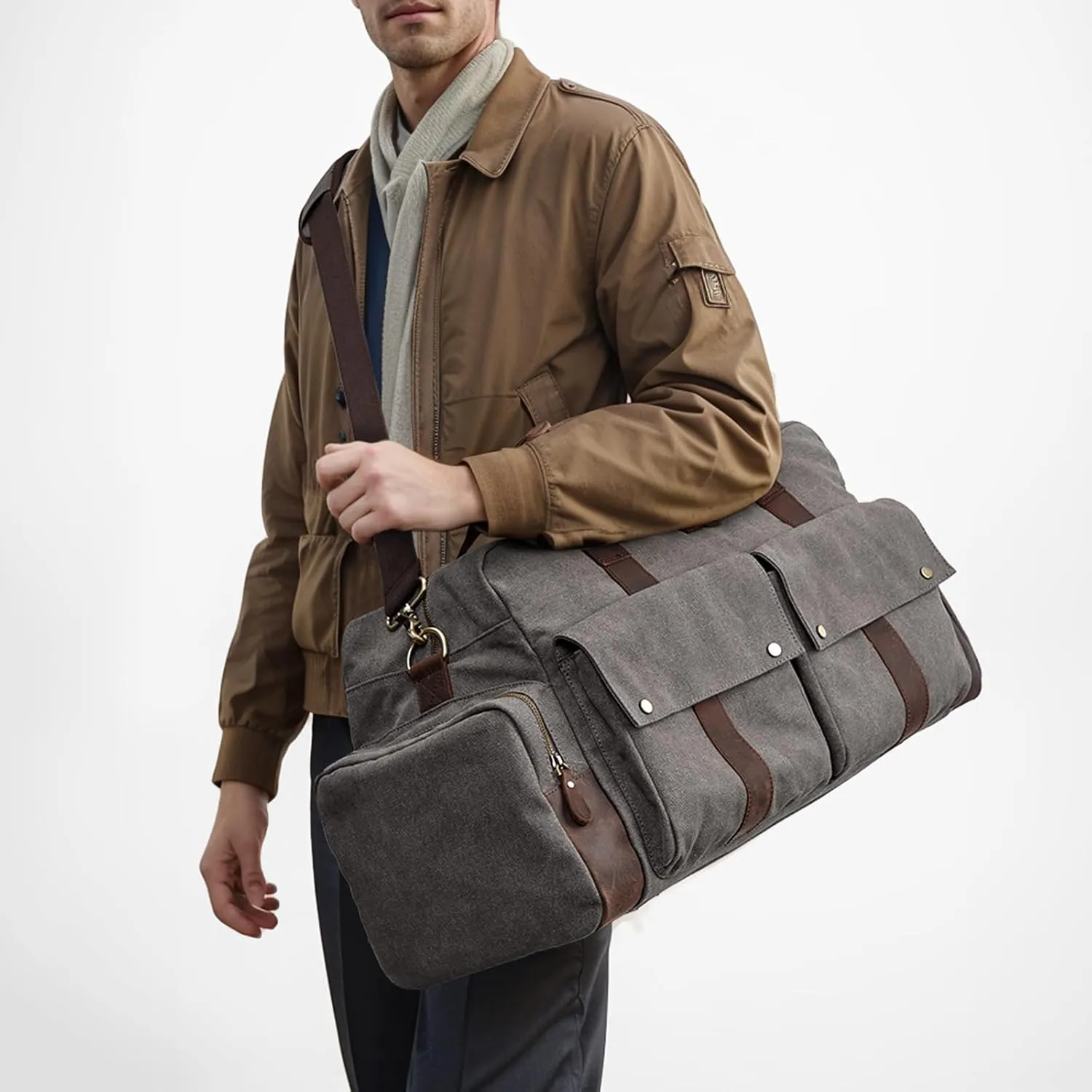 S-ZONE Duffle Bag for Travel Canvas Duffel Bags Carry on Leather Trim Overnight Weekender Men Women Grey
