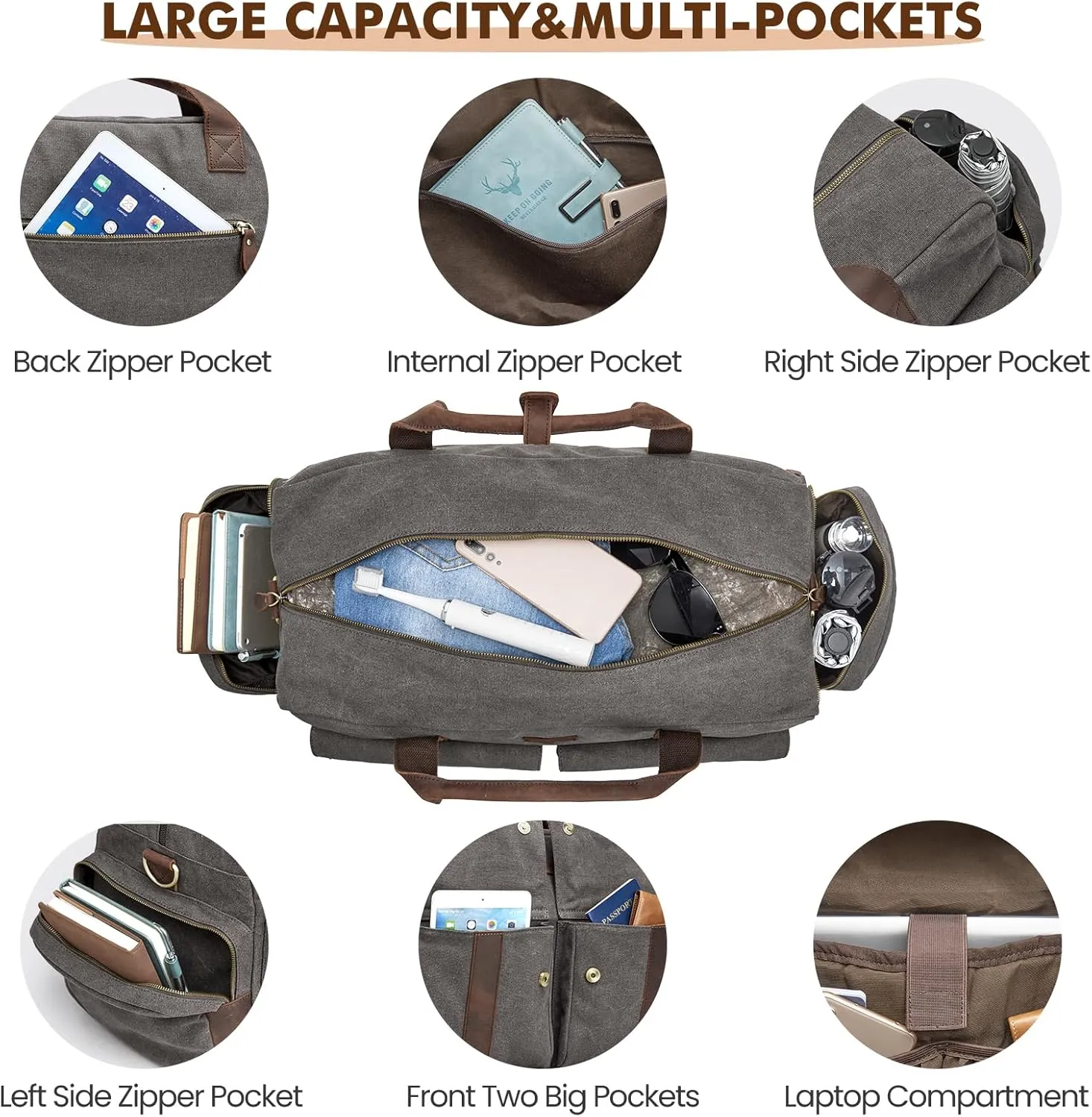 S-ZONE Duffle Bag for Travel Canvas Duffel Bags Carry on Leather Trim Overnight Weekender Men Women Grey