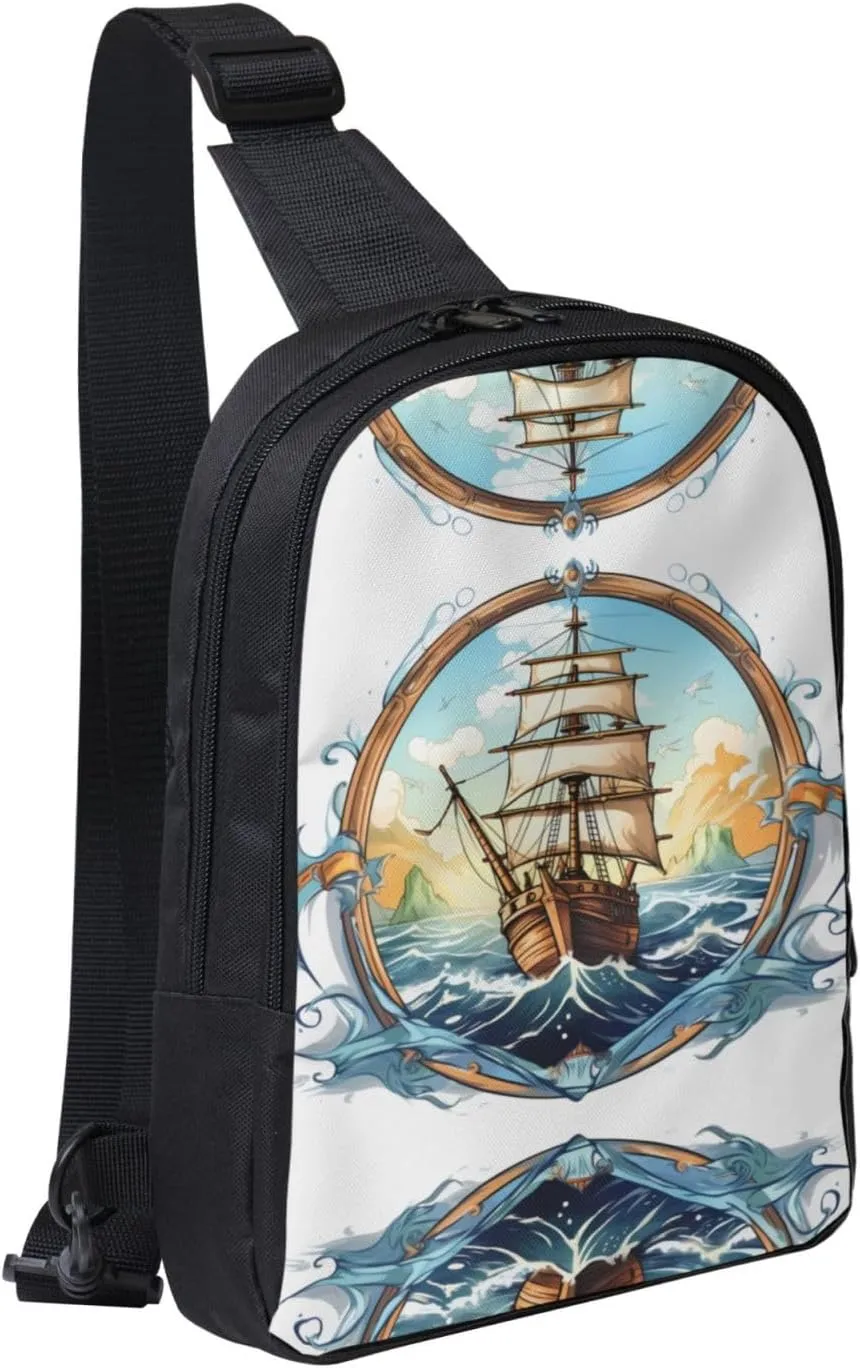Sail Boat Nautical Compass Adjustable Strap Lightweight Chest Bag Dual Pocket Sling Bag Waterproof Sling Backpack Lightweight Crossbody Sling