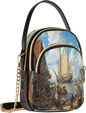 Sailing Boat Seagull Harbor Crossbody Bags for Women Shouler Handbags Travel Sling Bag Fanny Pack Phone Purse with Strap