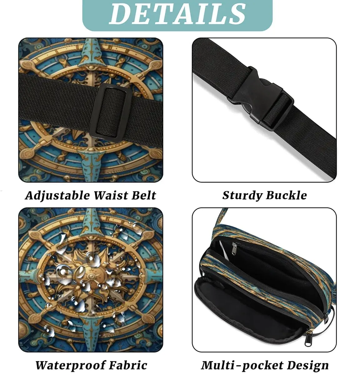Sailing Compass Men's and Women's Waist Pack Crossbody Magic Compass Waist Pack Running Strap, Adjustable Shoulder Strap - For Hiking and Running Exercise Fitness
