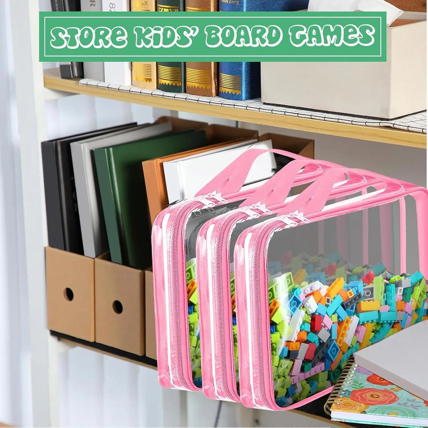 Sanwuta 3 Packs Toy Storage Bags with Zipper, Clear PVC Organizing Waterproof Toy Bags for Board Games, Building Blocks, and Kids Books(12.6 x 9 x 2.36 Inch,Pink)