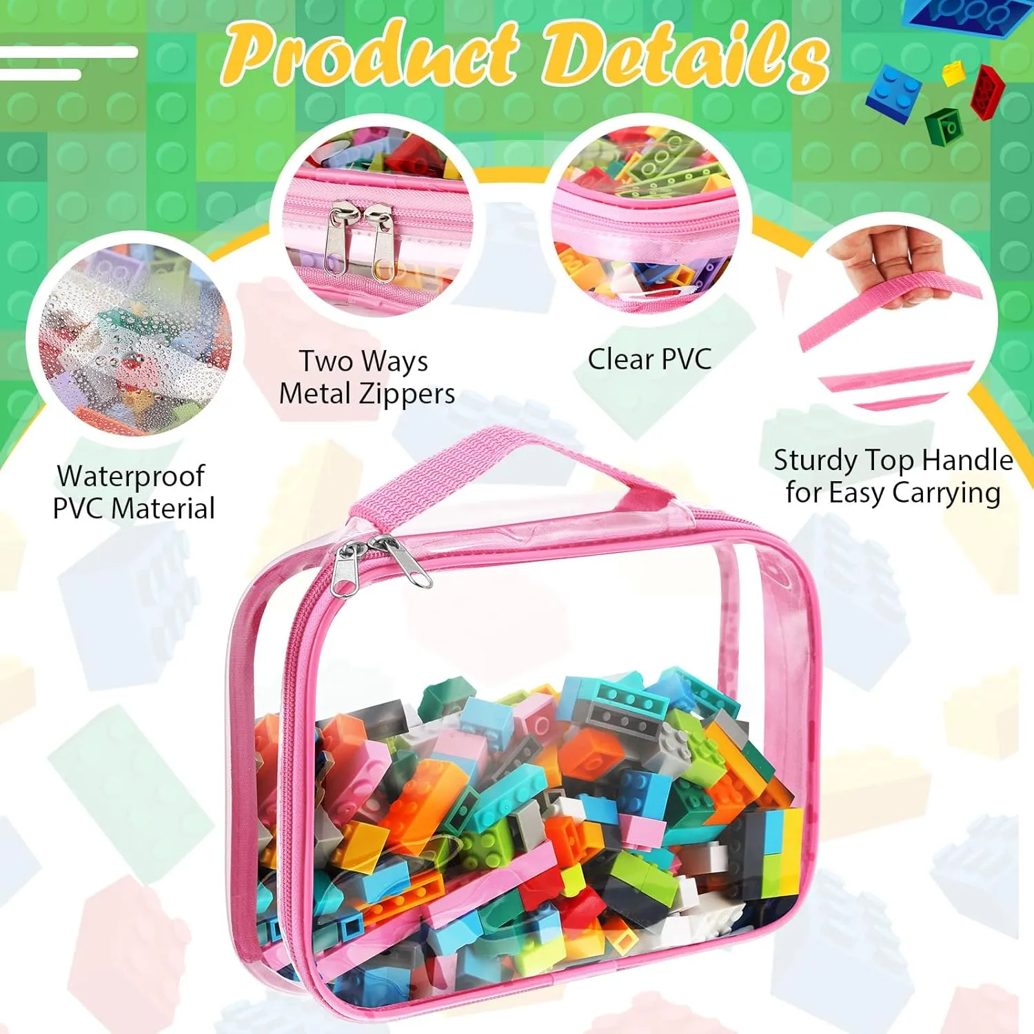Sanwuta 3 Packs Toy Storage Bags with Zipper, Clear PVC Organizing Waterproof Toy Bags for Board Games, Building Blocks, and Kids Books(12.6 x 9 x 2.36 Inch,Pink)