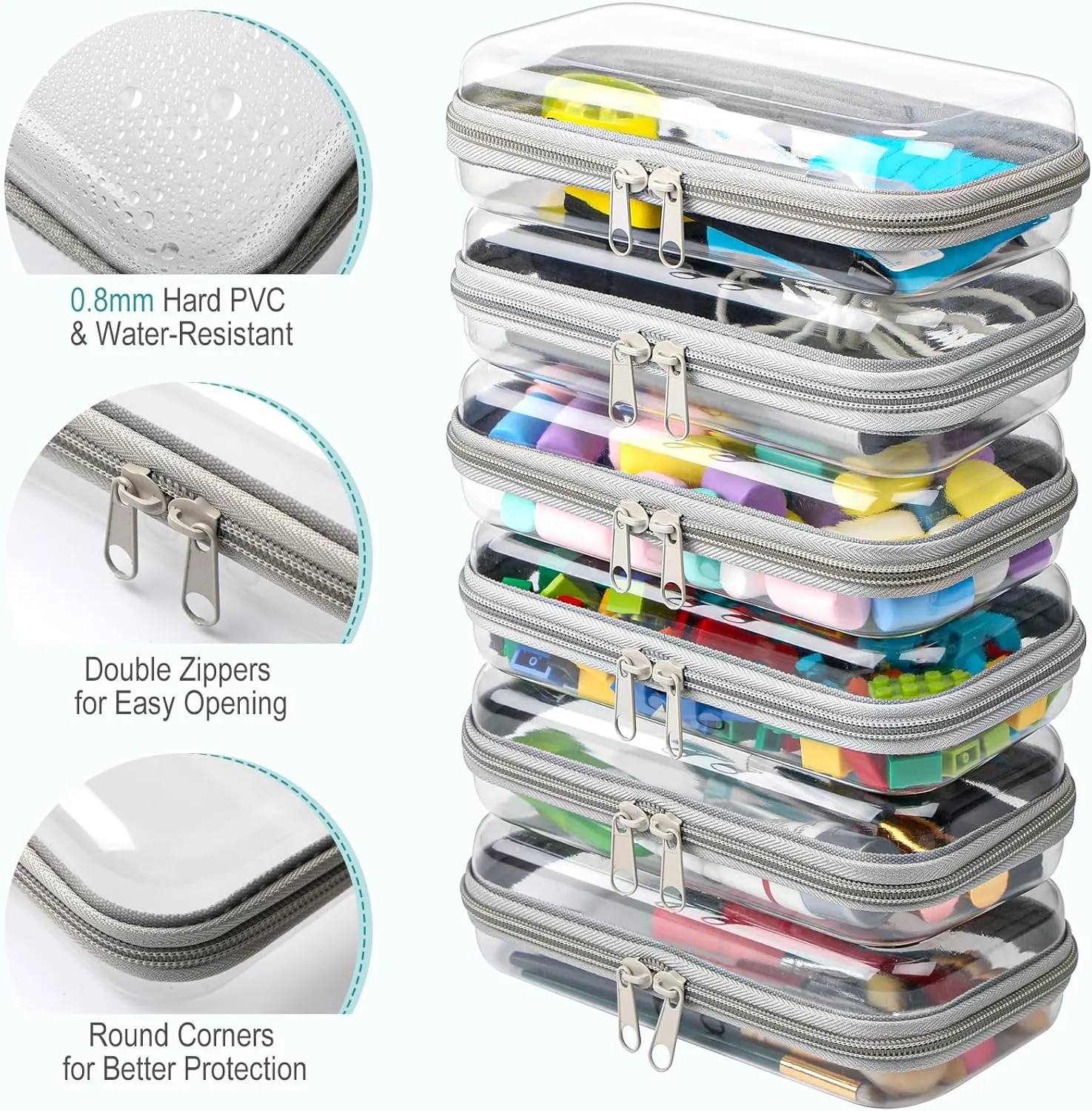 Sanwuta 6 Pcs Clear Hard Zipper Case Hard Plastic Zipper Pouches Makeup Bag Transparent Cases for Snacks Plastic Storage Organizer Portable Box for Travel