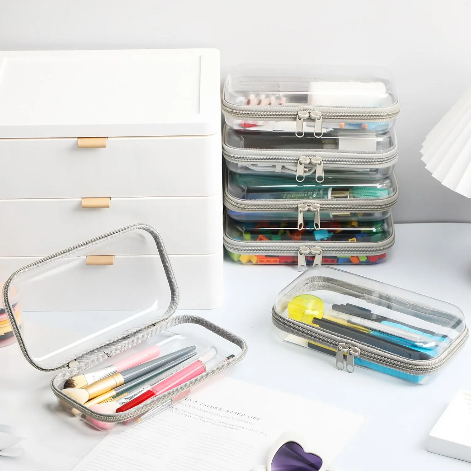 Sanwuta 6 Pcs Clear Hard Zipper Case Hard Plastic Zipper Pouches Makeup Bag Transparent Cases for Snacks Plastic Storage Organizer Portable Box for Travel