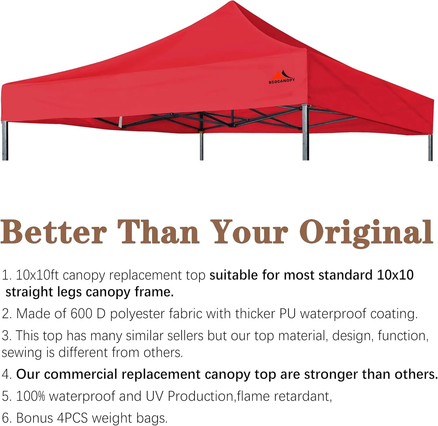 SCOCANOPY Commercial 10x10 Canopy Replacement Canopy Top,Canopy Cover ONLY (red)