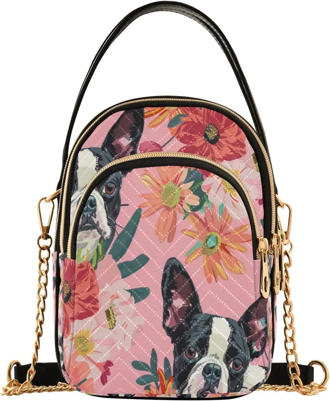 senya Boston Terrier Flowers Crossbody Handbags for Women Casual Leather Shoulder Phone Purse