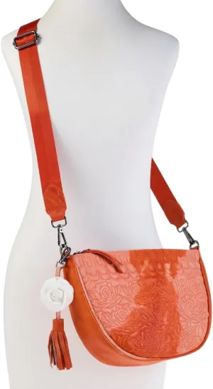 Sharif Legacy Leather Crossbody Bag, Quilted Marbleized Design with Rose Detail, Black/Navy/Tangerine, 10L x 7H inches