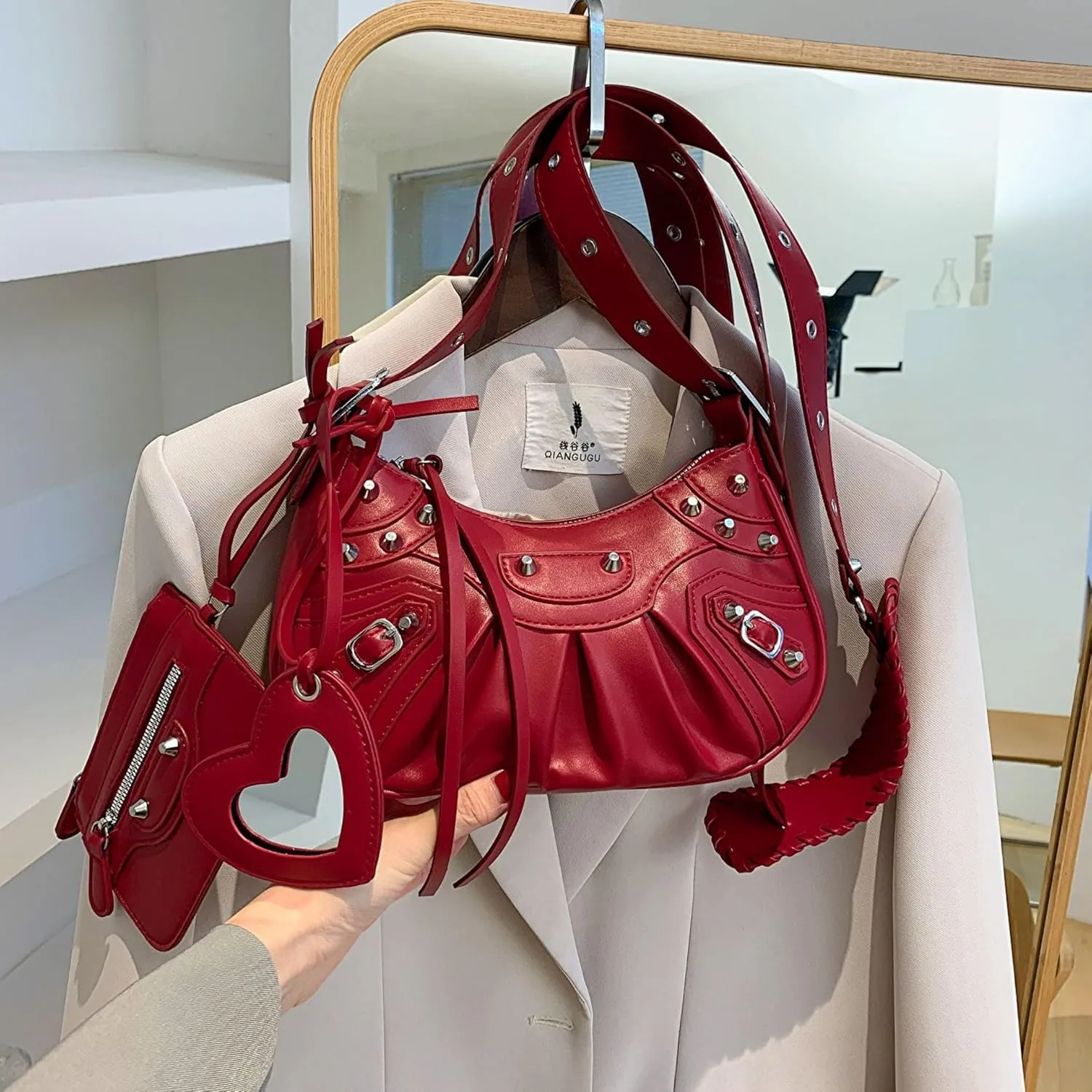 Shoulder Bag for Women, Leather Hobo Bag, Punk Style Y2k Crossbody Purse with Rivet