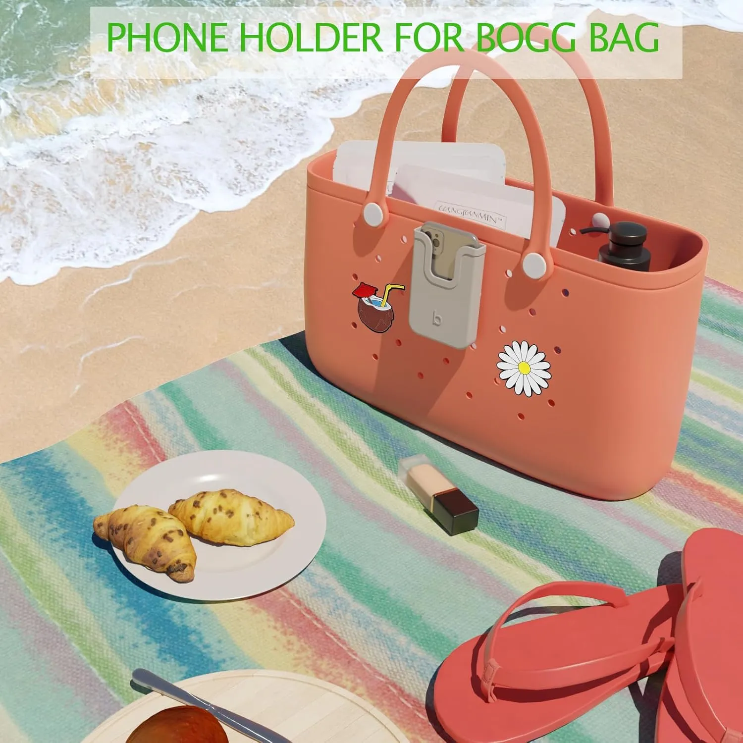 Silicone Phone Holder Compatible with Bogg Bag, Soft Silicone Charm Insert Accessories and Attachment for Bogg Beach Bags, Generic Portable Size Fits for iPhone and Android Phones Grey
