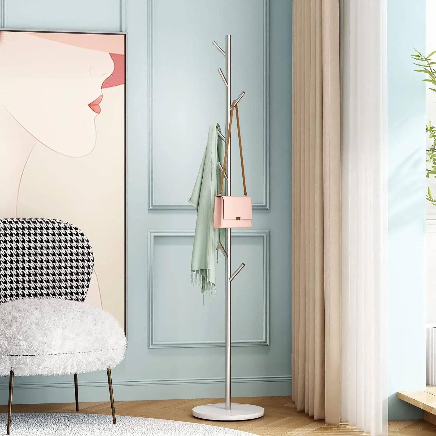 Silver Coat Racks, Metal Coat Rack Freestanding with Hooks, Entryway Coat Rack Stand, Coat Racks with Marble Base, Coat Tree for Hanging Clothes, Hats, Bags