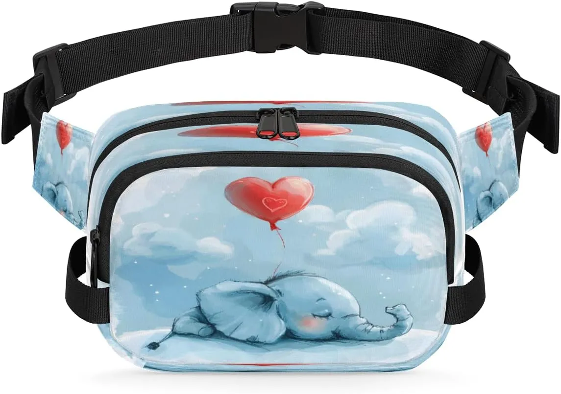 Sleeping Elephant Love Balloon Waterproof Fanny Pack for Women Men Adjustable Waist Bag with Double Zipper Pockets Lightweight Square Hip Pack for Running Travel Hiking Workout Cycling