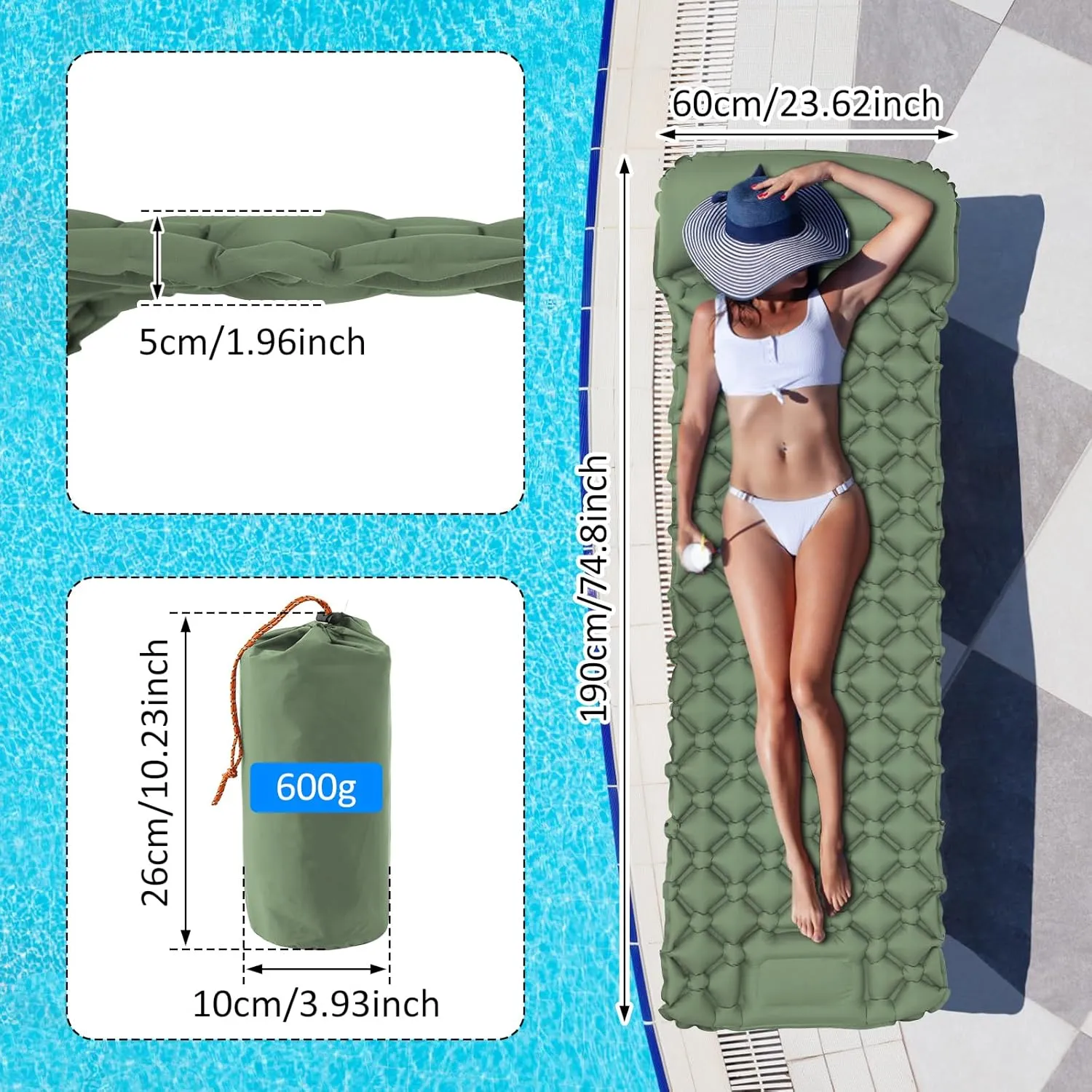 Sleeping Pad for Camping with Pillow - Ultralight(1.3lbs) Inflatable Tent Mattress, 4" Thick Inflatable Bed with Foot Pump Design, Connectable for Double Bed Camping | Hiking Traveling (Green)