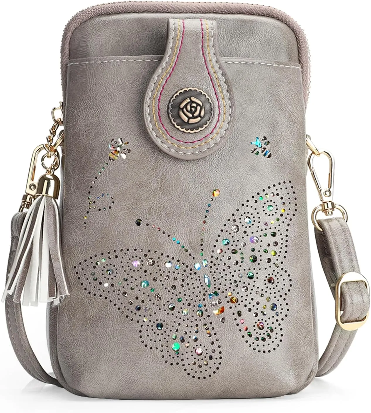 Small Crossbody Bags for Women, Lightweight Mini Cute Cell Phone Purse for Women with Tassel Shining Butterfly