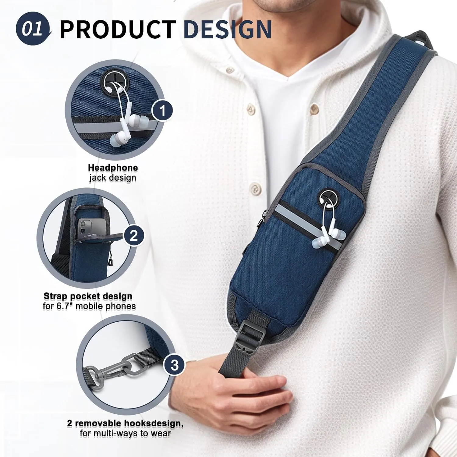 Small Sling Bag Crossbody Hiking Bag 9.36L Shoulder Bag with Headphone Jack, Man Women Crossbody Casual Backpack for Travel, Camping (Dark Blue)