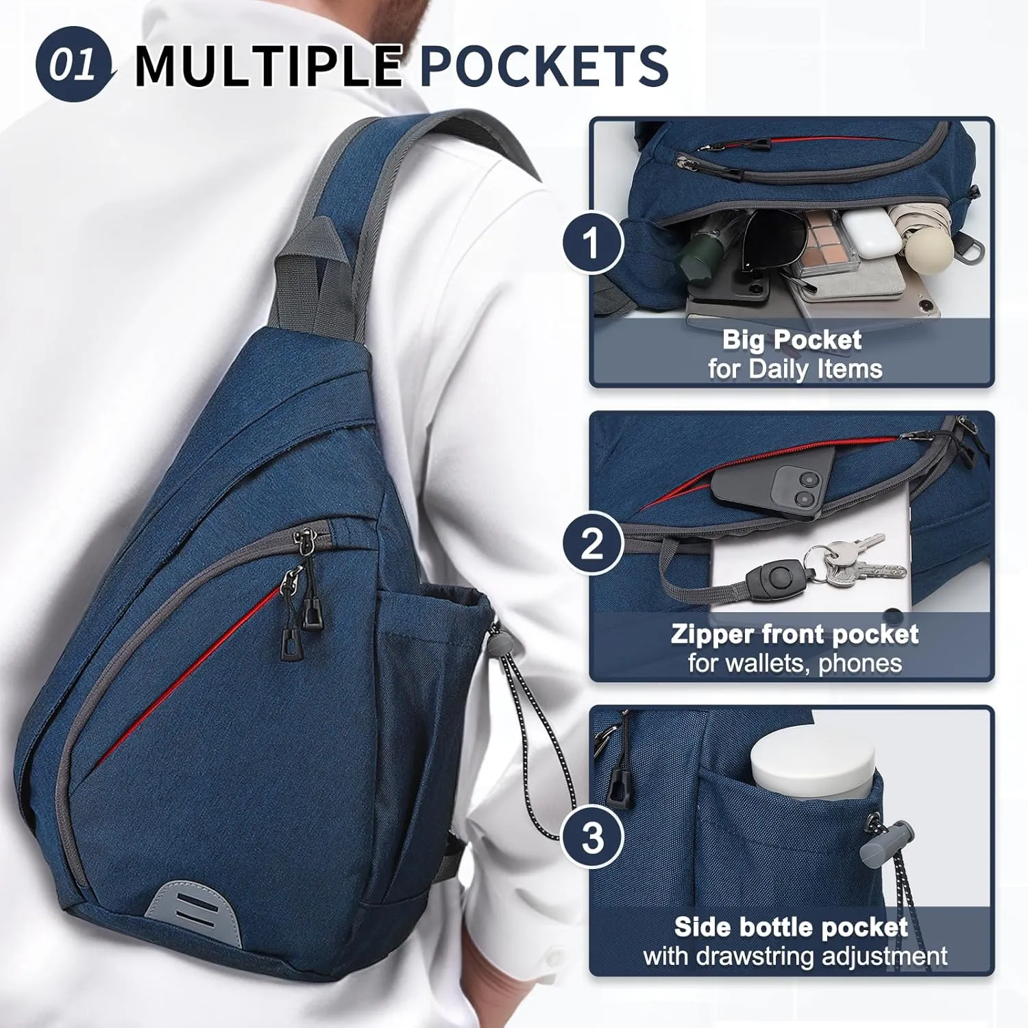 Small Sling Bag Crossbody Hiking Bag 9.36L Shoulder Bag with Headphone Jack, Man Women Crossbody Casual Backpack for Travel, Camping (Dark Blue)