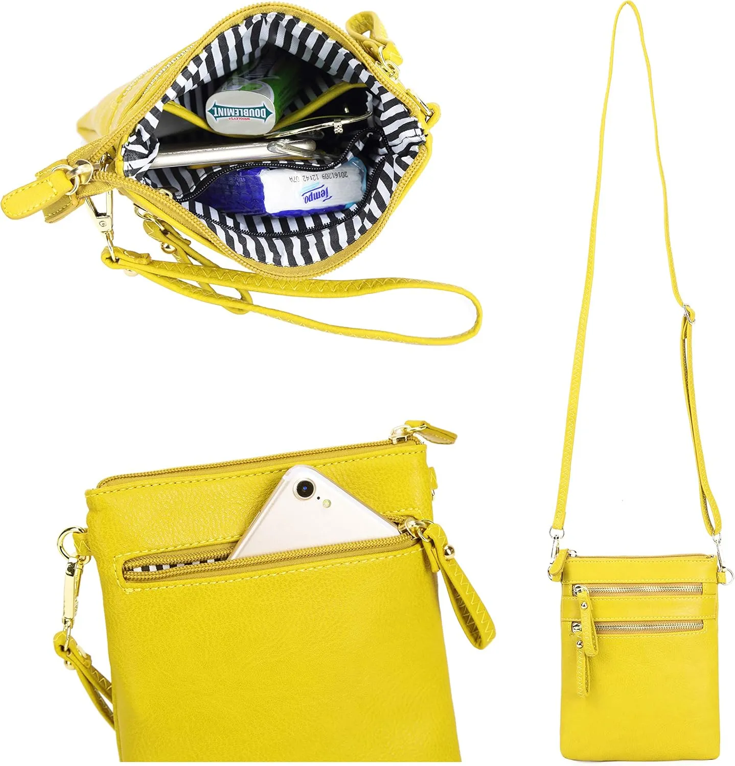 Solene Small Crossbody Bag for Women, Multi Zip Pockets with Detachable Wristlet, Lightweight Travel Purse, Cell Phone Pouch