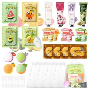 Spa Party Supplies For Girls, 28PCS Spa Birthday Party Favors For 4 People, Spa Day Kit With Bath Bombs, Eye Mask, Lip Balm, Face Mask, Hand Cream, Compressed Towel, Gift Bag, Sleepover Spa Gift Set