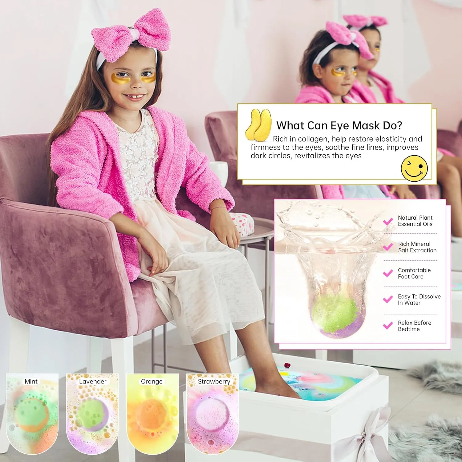 Spa Party Supplies For Girls, 28PCS Spa Birthday Party Favors For 4 People, Spa Day Kit With Bath Bombs, Eye Mask, Lip Balm, Face Mask, Hand Cream, Compressed Towel, Gift Bag, Sleepover Spa Gift Set