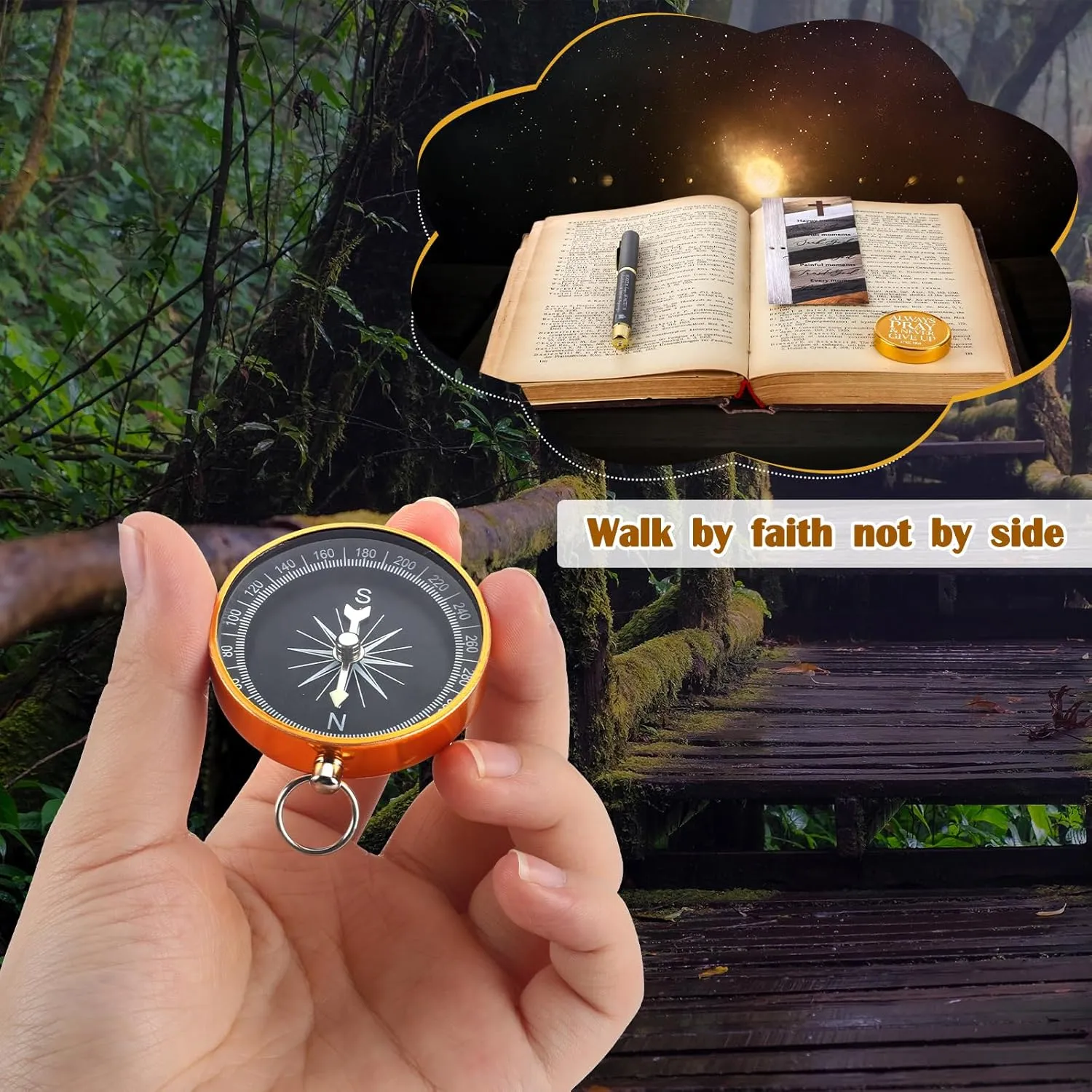 Spakon Christian Gifts for Men Religious Baptism Gifts for Church Inspirational Bible Verse Engraved Compass Bamboo Pen Bookmark for Boys Girls Pastor Father Sunday School