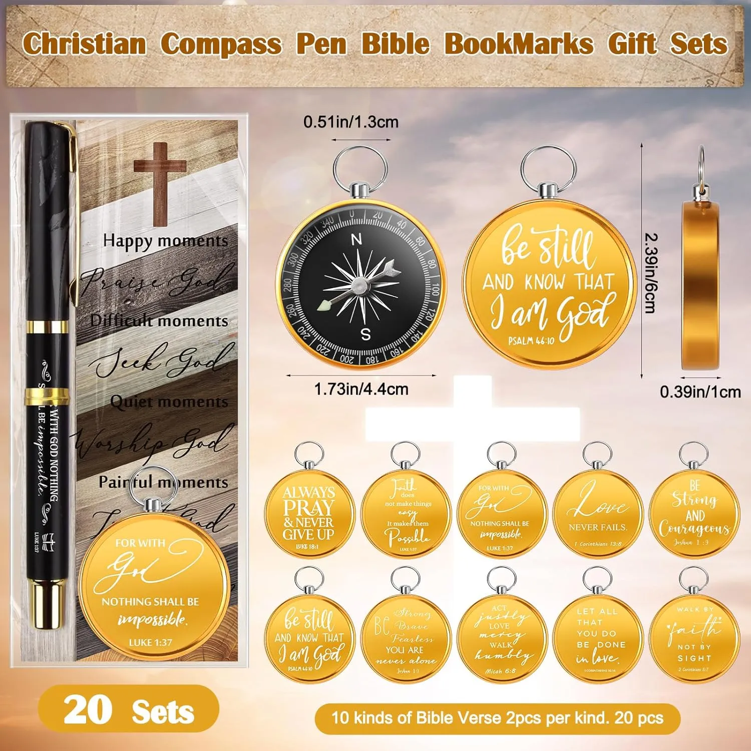 Spakon Christian Gifts for Men Religious Baptism Gifts for Church Inspirational Bible Verse Engraved Compass Bamboo Pen Bookmark for Boys Girls Pastor Father Sunday School