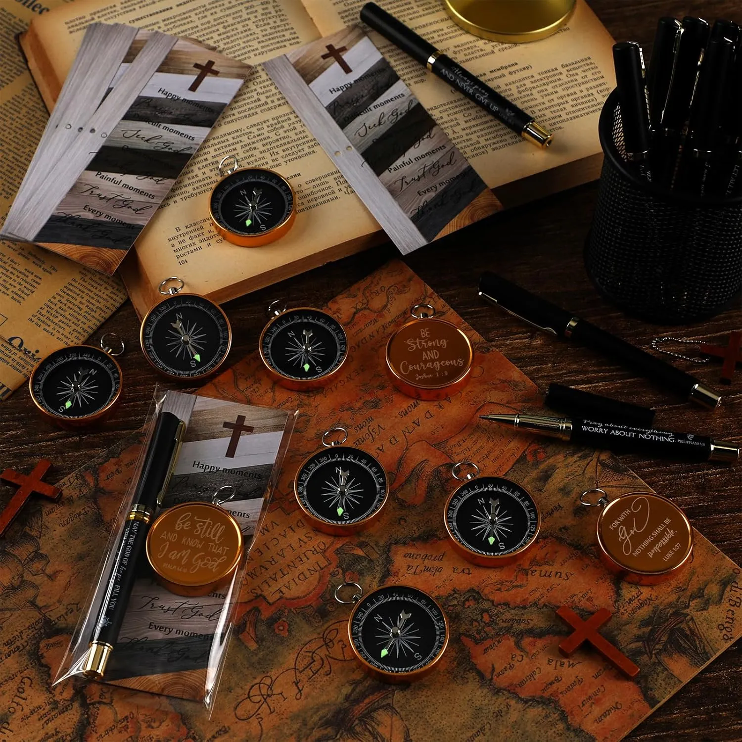 Spakon Christian Gifts for Men Religious Baptism Gifts for Church Inspirational Bible Verse Engraved Compass Bamboo Pen Bookmark for Boys Girls Pastor Father Sunday School