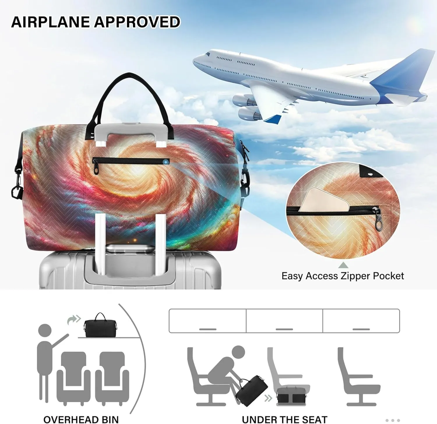 Spiral Nebula Rainbow Space Duffle Travel Bag Make up Bags Set of 2, Cute Women Sports Bag Carry on Duffle