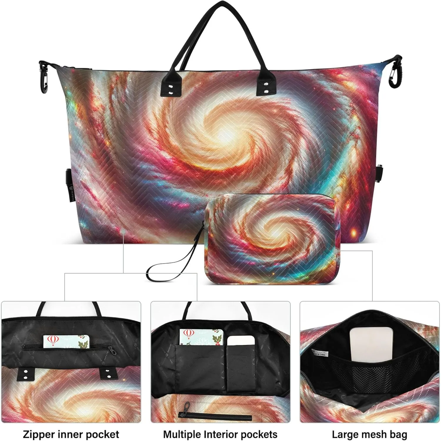Spiral Nebula Rainbow Space Duffle Travel Bag Make up Bags Set of 2, Cute Women Sports Bag Carry on Duffle