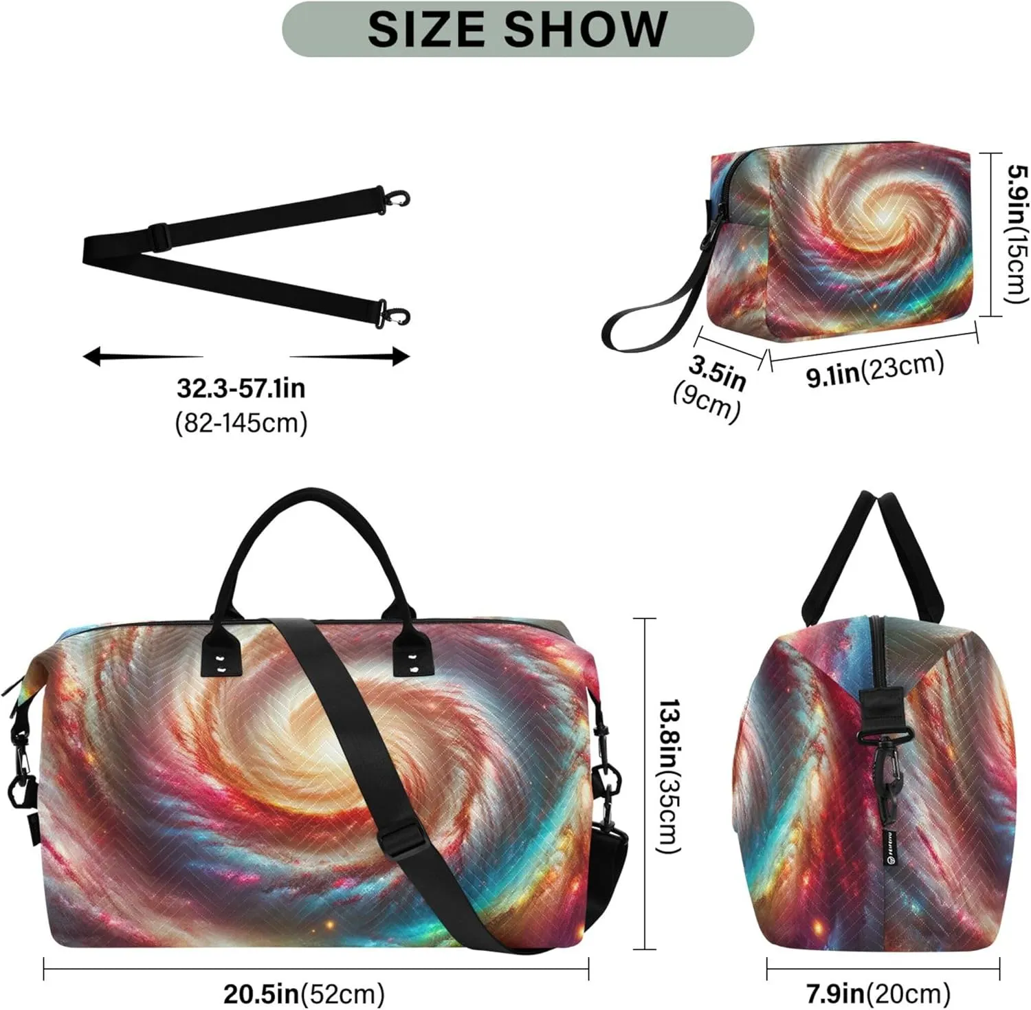 Spiral Nebula Rainbow Space Duffle Travel Bag Make up Bags Set of 2, Cute Women Sports Bag Carry on Duffle
