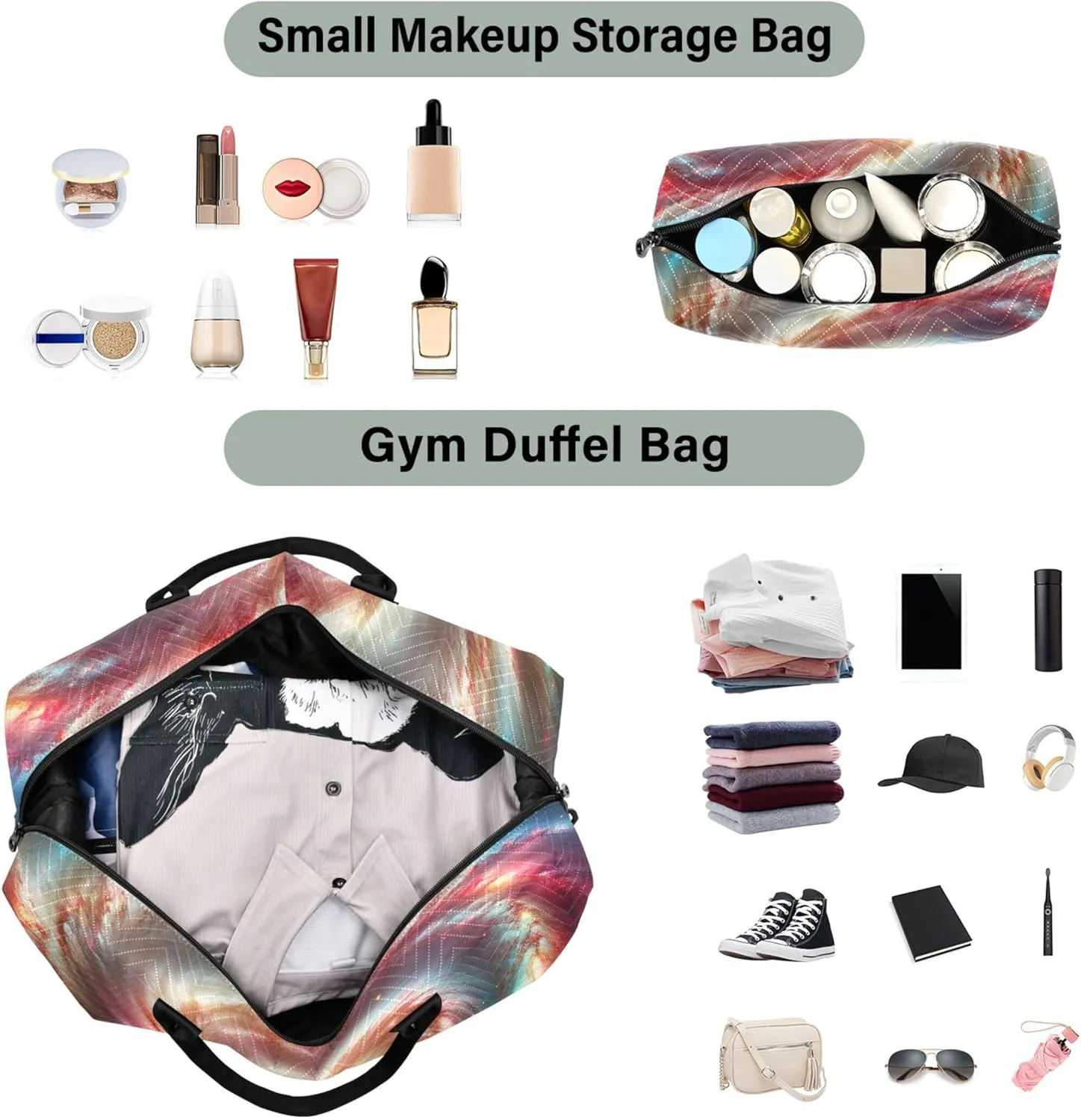 Spiral Nebula Rainbow Space Duffle Travel Bag Make up Bags Set of 2, Cute Women Sports Bag Carry on Duffle