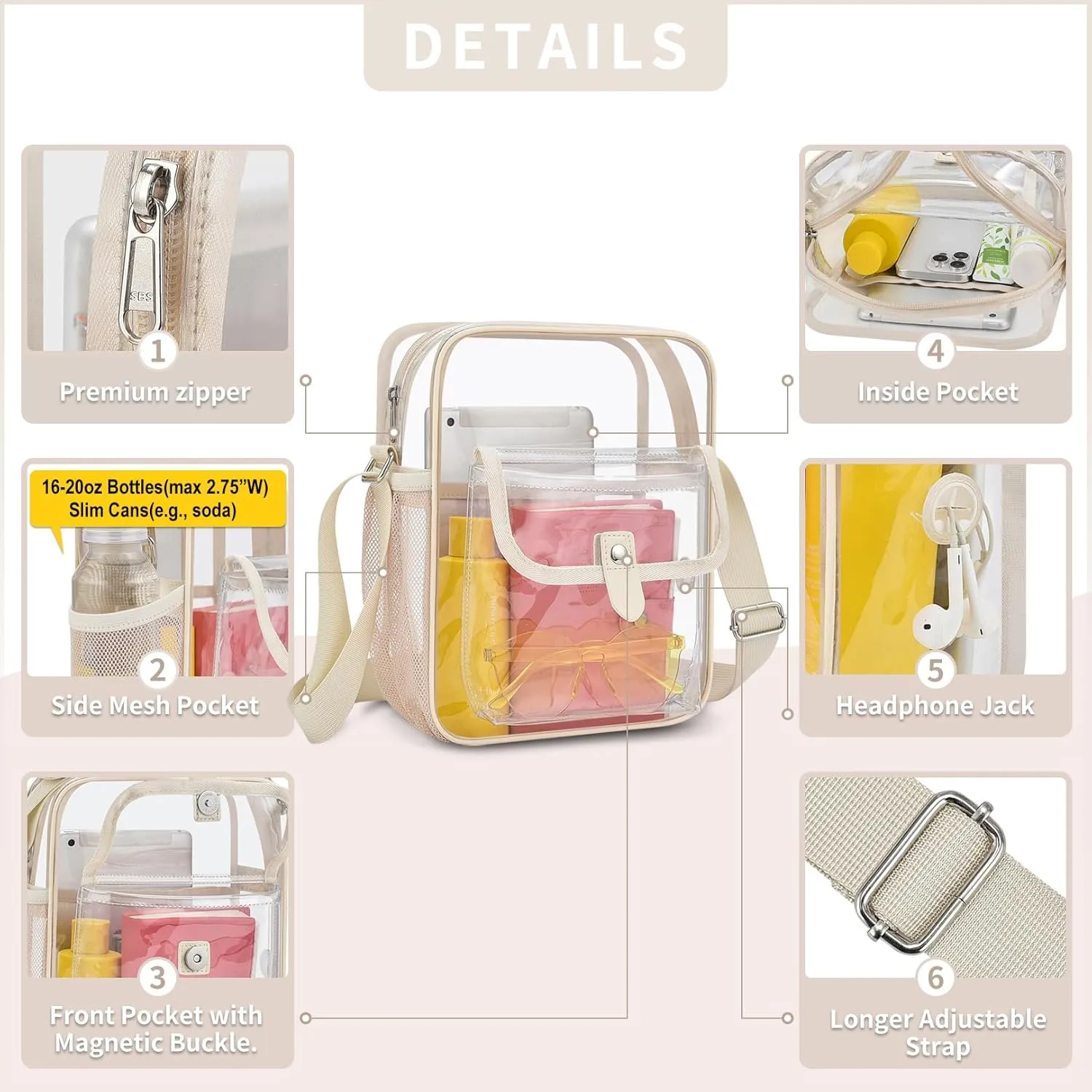 SPODEARS Clear Crossbody Bag for Stadium Events & Concerts - Adjustable Shoulder Strap Purse with 1 Bottle Holder