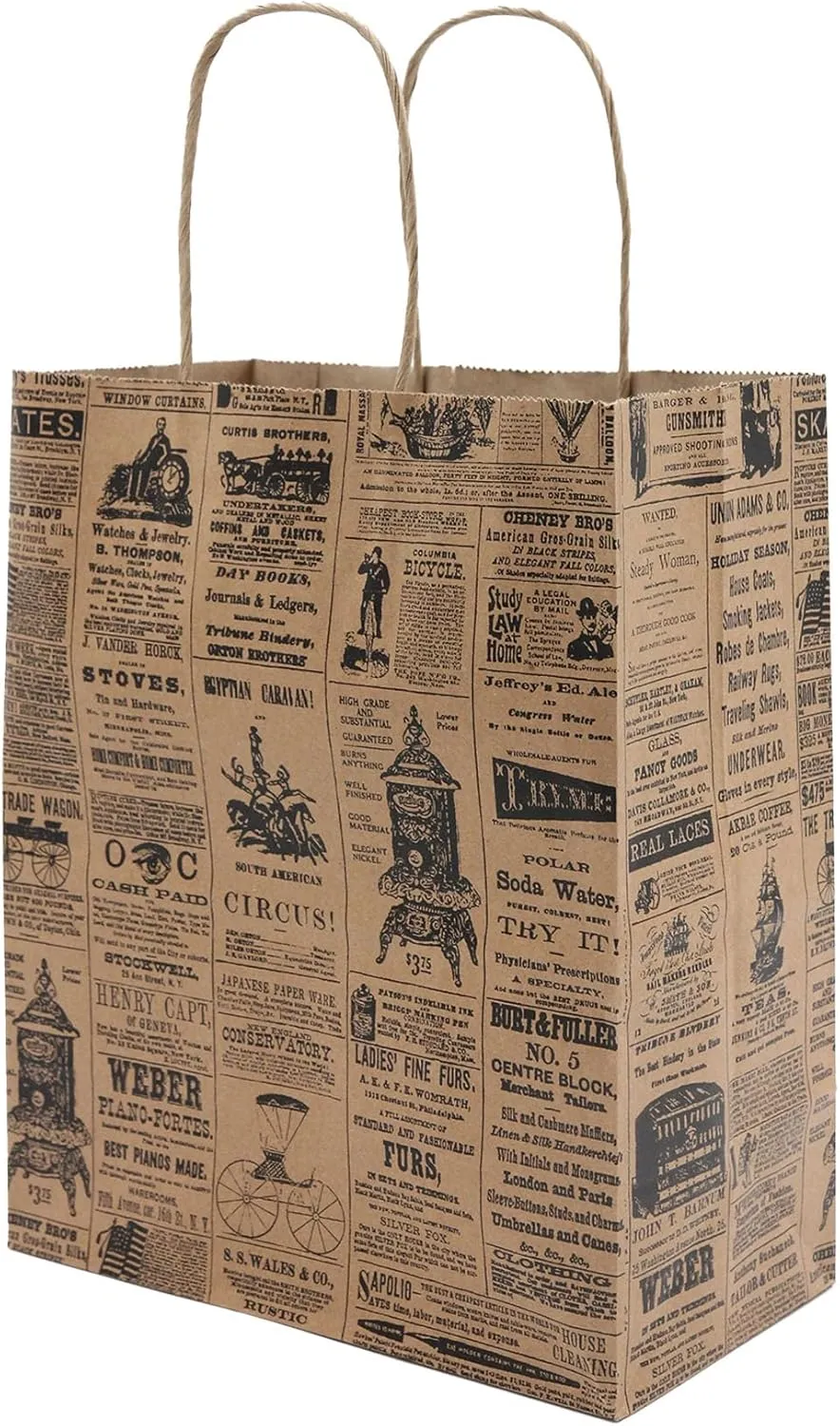 SSWBasics Paper Shopping Bags - Medium Craft Bags Made of Newsprint Paper, Brown Craft Bags, 8 ¼”L x 4 ¾”D x 10 ½”H, Case of 100