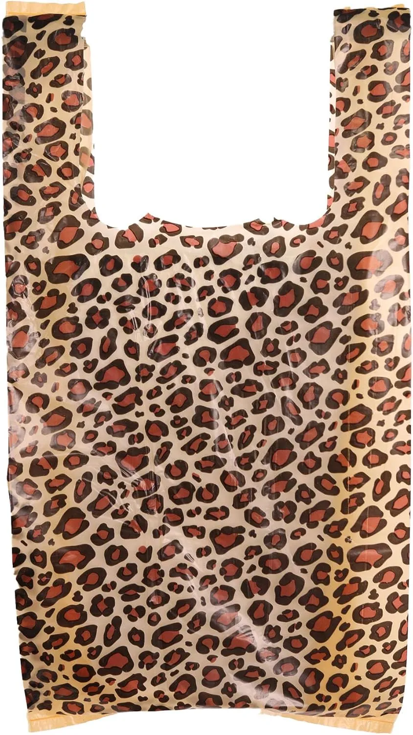 SSWBasics Small Leopard Print Plastic T-Shirt Bags - 8" x 5" x 16" - Case of 1,000 -