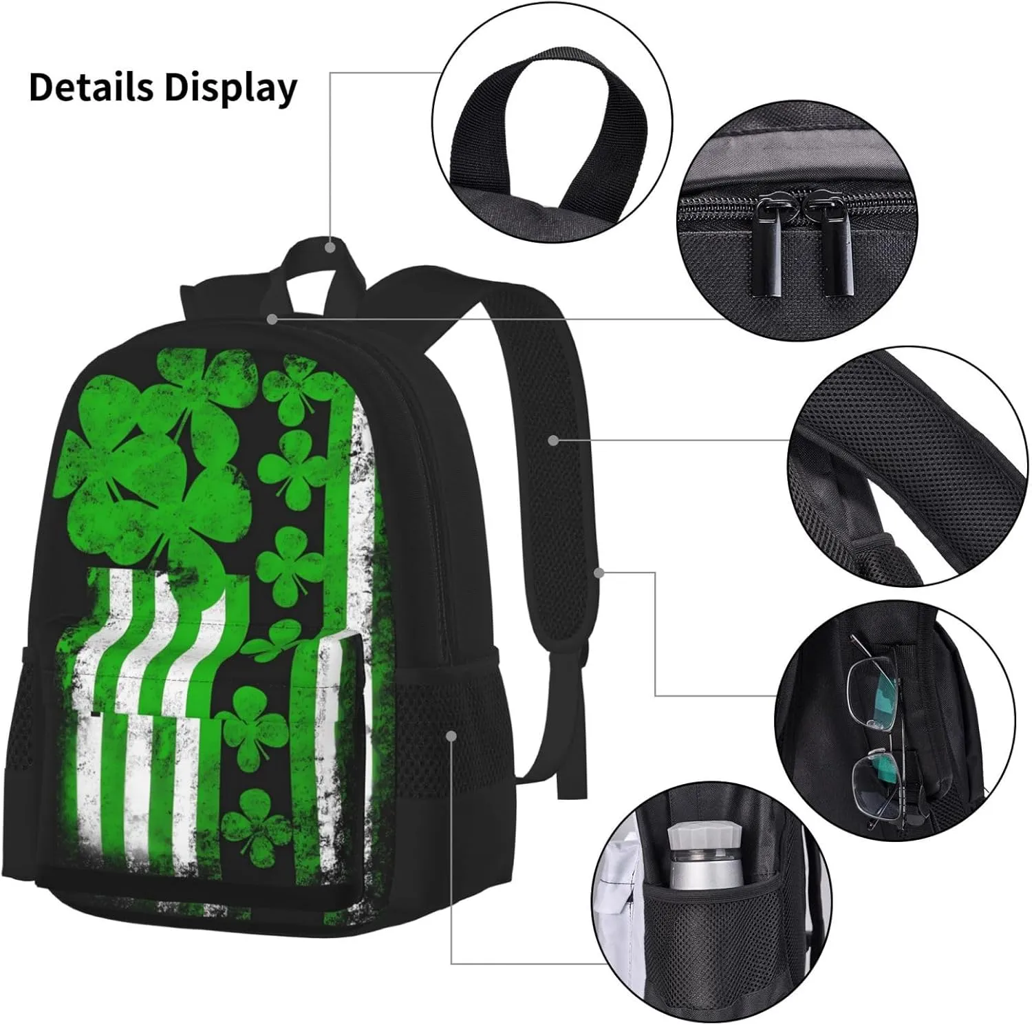 St. Patrick Day Irish American Flag Shamrock Multifunctional Pocket Backpack Crossbody Lunch Bag Pencil Case 3Pcs Set Large Capacity Backpack