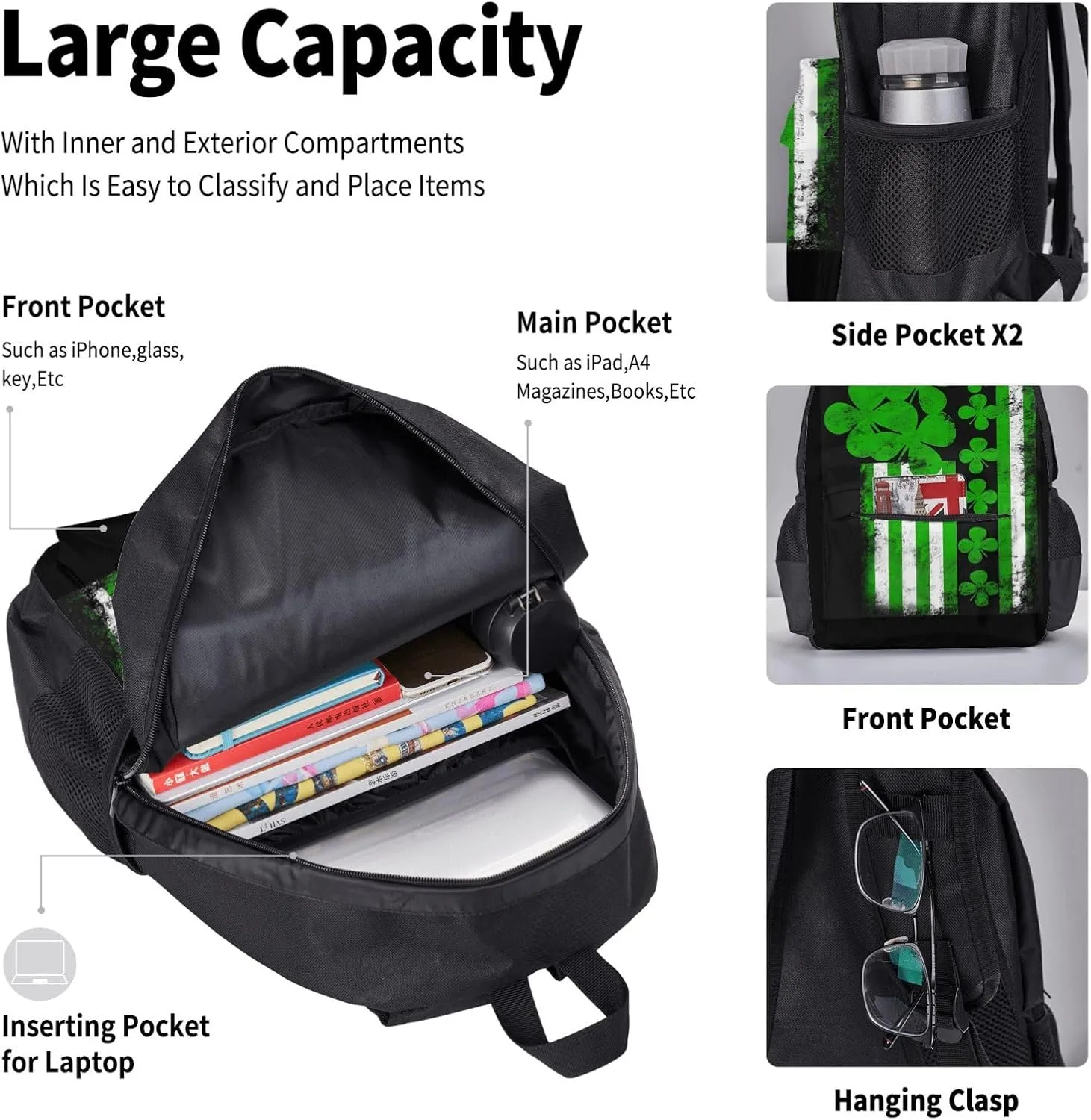 St. Patrick Day Irish American Flag Shamrock Multifunctional Pocket Backpack Crossbody Lunch Bag Pencil Case 3Pcs Set Large Capacity Backpack