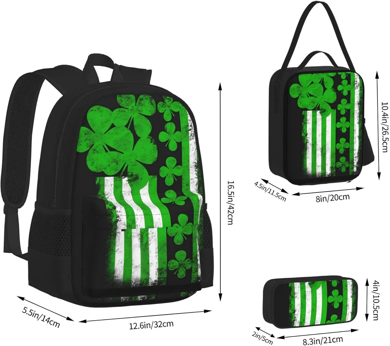 St. Patrick Day Irish American Flag Shamrock Multifunctional Pocket Backpack Crossbody Lunch Bag Pencil Case 3Pcs Set Large Capacity Backpack