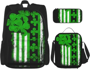 St. Patrick Day Irish American Flag Shamrock Multifunctional Pocket Backpack Crossbody Lunch Bag Pencil Case 3Pcs Set Large Capacity Backpack
