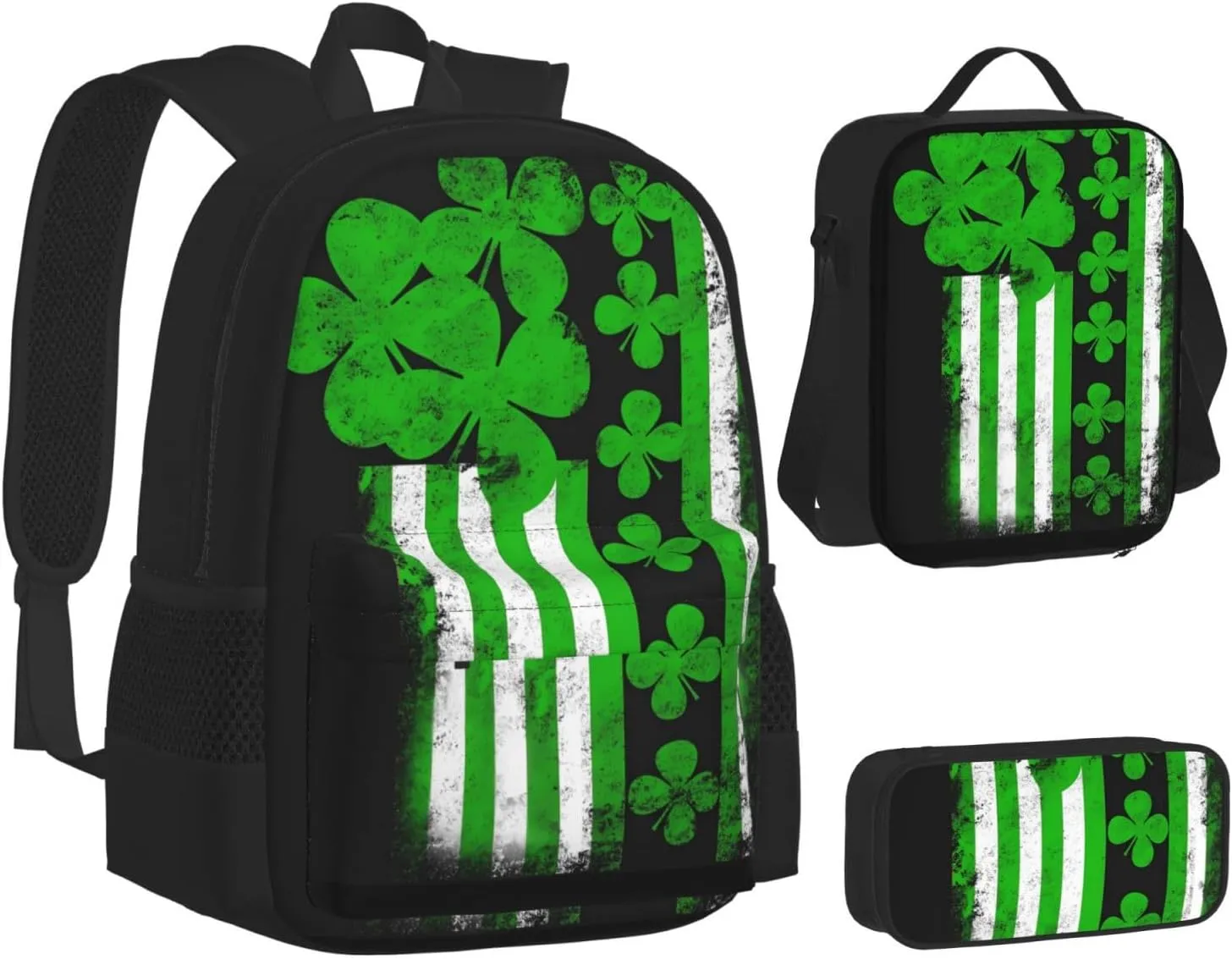 St. Patrick Day Irish American Flag Shamrock Multifunctional Pocket Backpack Crossbody Lunch Bag Pencil Case 3Pcs Set Large Capacity Backpack