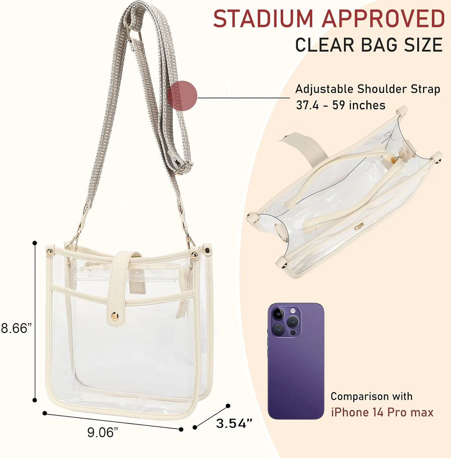 Stadium Clear Bag - Women's Crossbody Tote with Guitar Strap for Concerts