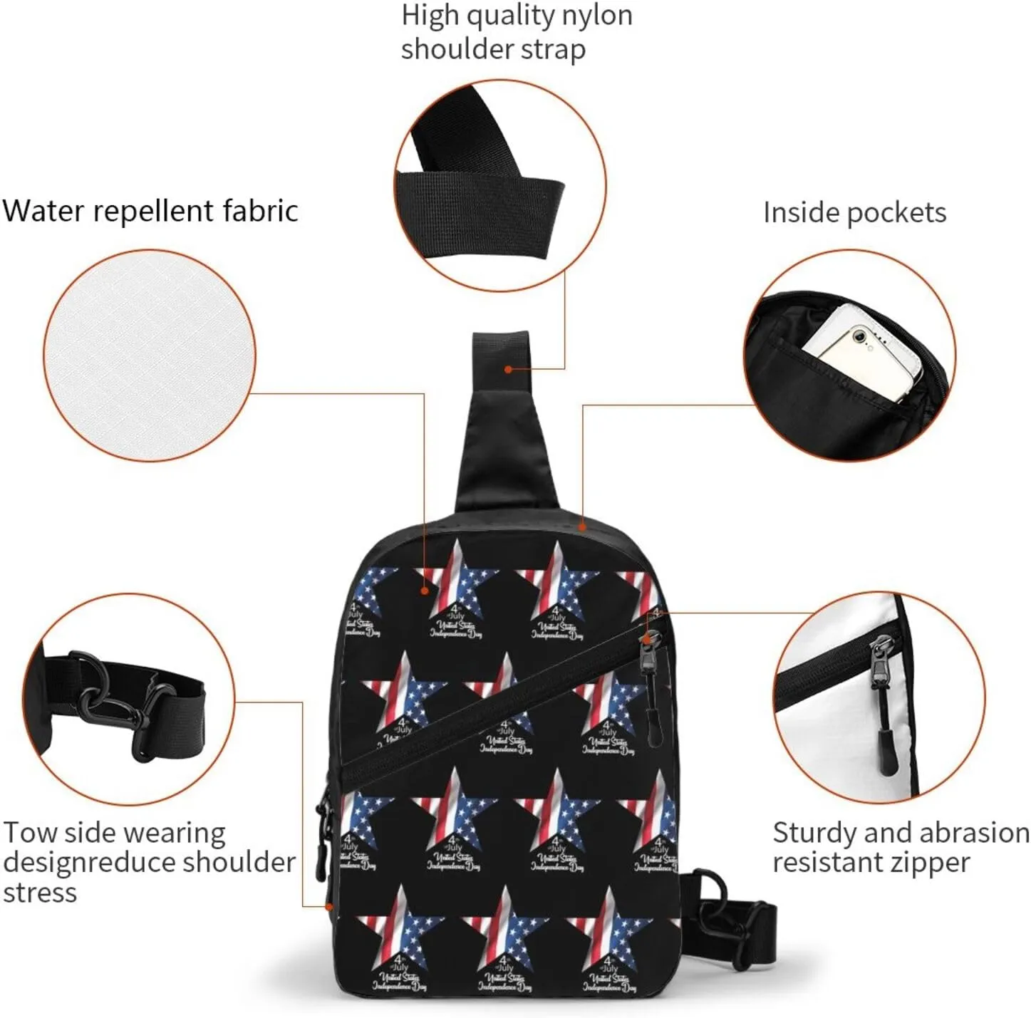 Star American Flag Portable Sling Bags Packable Crossbody Bag Foldable Sport Daypack Reusable Shoulder Backpack Diagonally Chest Bag for Workout Travel