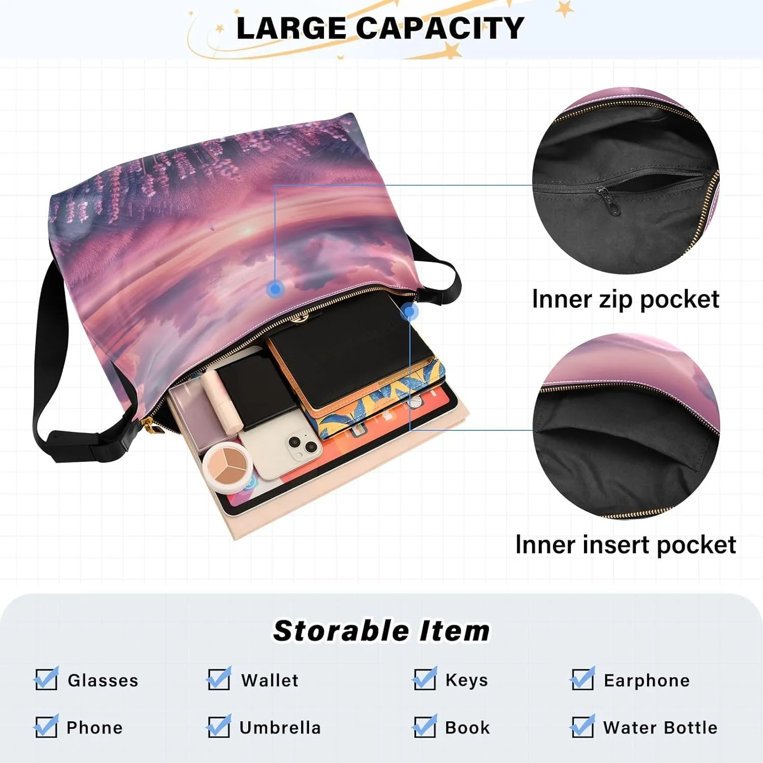 Stars in the Sky with Tree Shoulder Bag Leather, Leather Crossbody Shoulder Bag, Large Crossbody Bags Large Size