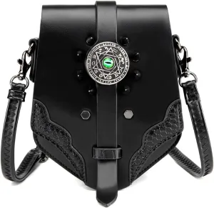 Steampunk Clock Design Crossbody Bag, Black Leather Mini Purse with Metal Gears, Gothic Chain Accent