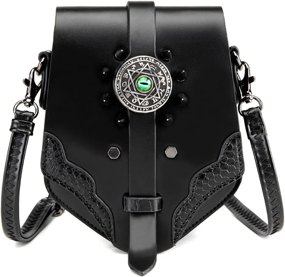 Steampunk Clock Design Crossbody Bag, Black Leather Mini Purse with Metal Gears, Gothic Chain Accent