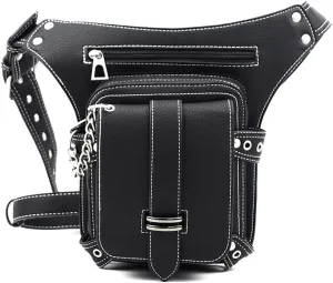 Steampunk Crossbody Leather Waist Leg Bag for Women, Black Punk Rock Motorcycle Bag Goth Shoulder Packs Thigh Hip Holster Purse Punch Party Bag